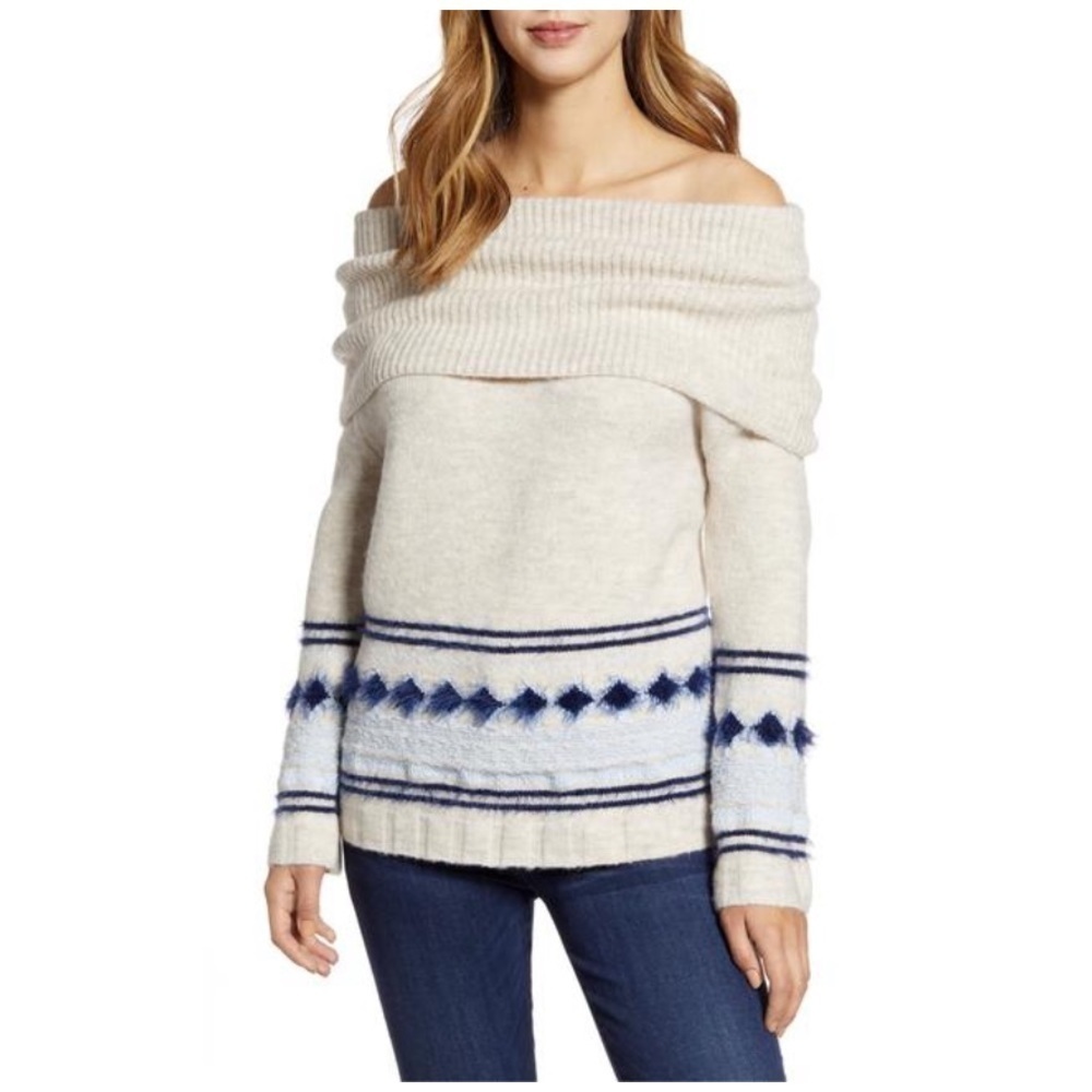 Caslon Cowl Neck Oatmeal Fair Isle Convertible chunky knit Sweater